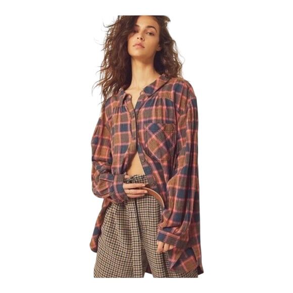 Free People Tops - Free People Plaid Wild Side Tunic Flannel Size Medium Pink Brown